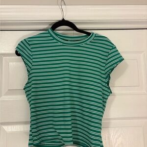 SHEIN Green and White Striped Short Sleeve Top